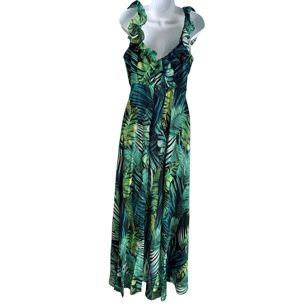 Tropical‎ Palm Leaf Ruffle High Low Dress L Womens Green Resort Beach Vacation - Picture 9 of 12